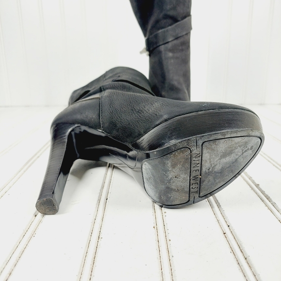 Nine West Midi Black Nubuck Leather Slouchy Pull On Platform Booties K277 - Picture 8 of 13